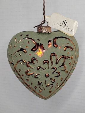 Cypress Home Green and Gold Heart Ornament Vintage Glass Decorative Holiday Acce